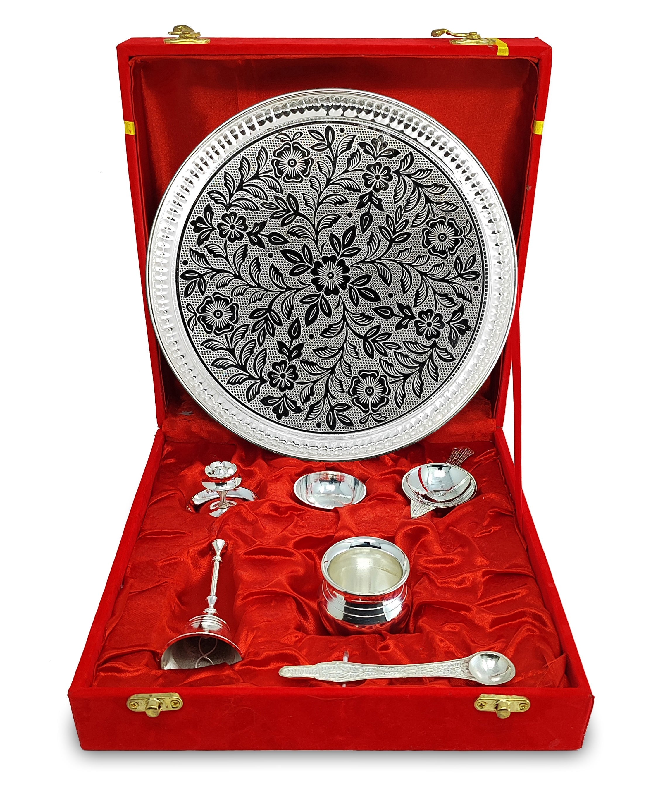 Danglisia Pooja Thali Set Silver Plated with Red Gift Box Designed 8 Inch Puja Plate Kalash Bowl Ghanti Spoon Dhup Dan Diya for Home Office Diwali Wedding Return Gift Items
