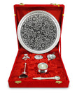 Danglisia Pooja Thali Set Silver Plated with Red Gift Box Designed 8 Inch Puja Plate Kalash Bowl Ghanti Spoon Dhup Dan Diya for Home Office Diwali Wedding Return Gift Items