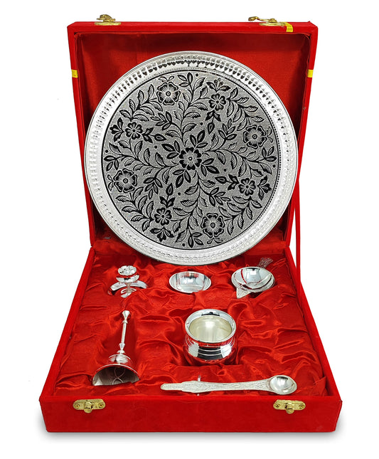 Danglisia Pooja Thali Set Silver Plated with Red Gift Box Designed 8 Inch Puja Plate Kalash Bowl Ghanti Spoon Dhup Dan Diya for Home Office Diwali Wedding Return Gift Items