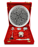 Danglisia Pooja Thali Set Silver Plated with Red Gift Box Designed 8 Inch Puja Plate Kalash Bowl Ghanti Spoon Dhup Dan Diya for Home Office Diwali Wedding Return Gift Items