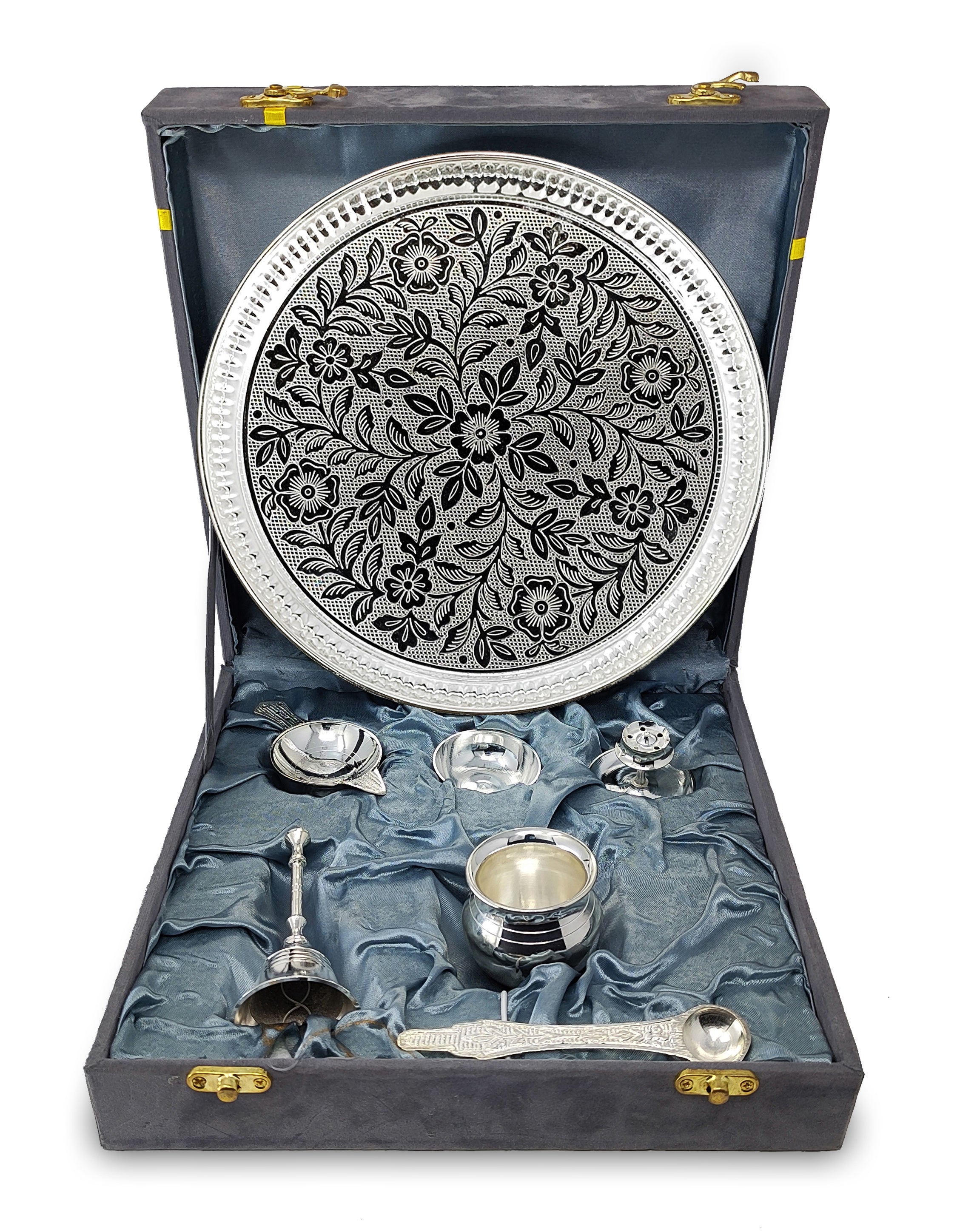 Danglisia Pooja Thali Set Silver Plated with Gray Gift Box Designed 8 Inch Puja Plate Kalash Bowl Ghanti Spoon Dhup Dan Diya for Home Office Diwali Wedding Return Gift Items