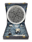 Danglisia Pooja Thali Set Silver Plated with Gray Gift Box Designed 8 Inch Puja Plate Kalash Bowl Ghanti Spoon Dhup Dan Diya for Home Office Diwali Wedding Return Gift Items