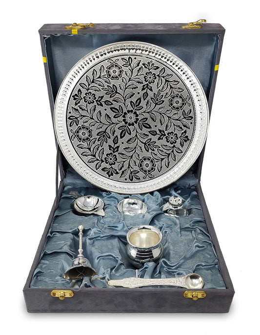 Danglisia Pooja Thali Set Silver Plated with Gray Gift Box Designed 8 Inch Puja Plate Kalash Bowl Ghanti Spoon Dhup Dan Diya for Home Office Diwali Wedding Return Gift Items