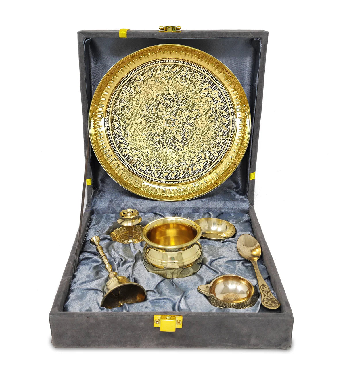 Brass Pooja Thali Set with Grey Gift Box 6 Inch