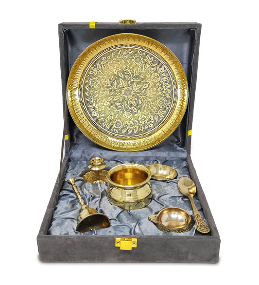 Brass Pooja Thali Set with Grey Gift Box 6 Inch
