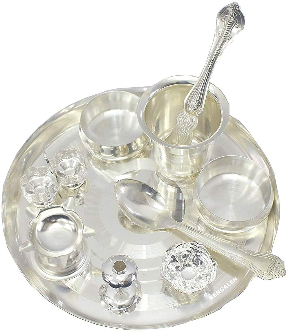 Danglisia Silver Plated Pooja thali Set 8 Inch Festival Ethnic Puja Thali Gift for Diwali, Home, Temple, Office, Wedding Gift