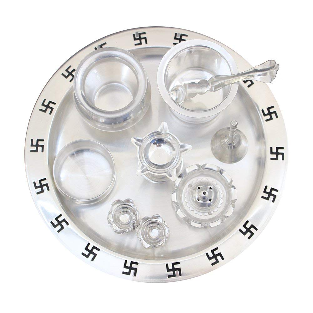 Danglisia Silver Plated Pooja Thali Set Glossy Puja Thali Set 9 Inch Ethnic Pooja Thali for Home Temple Office Wedding Return Gift Items