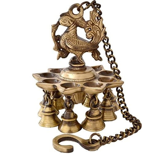 Danglisia Premium Antique Peacock Deepak with Bells and Chain Brass Hanging Diya