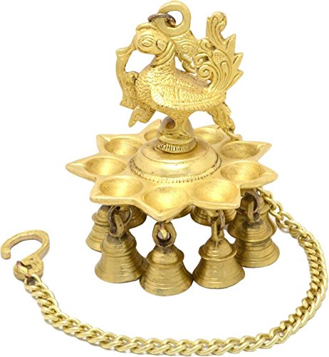 Danglisia Premium Peacock Design Brass Hanging Diya Set with Bells Yellow Antique