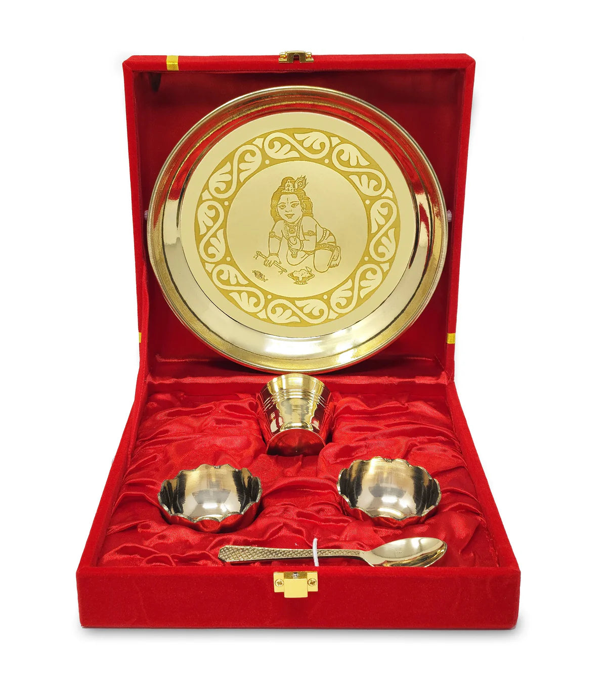 Brass Pooja Bhog thali Set 7 Inch With Red Velvet Gift Box Festival Kanha Krishna Thali Puja Set for Diwali Home Office Mandir Wedding Return Gift Items