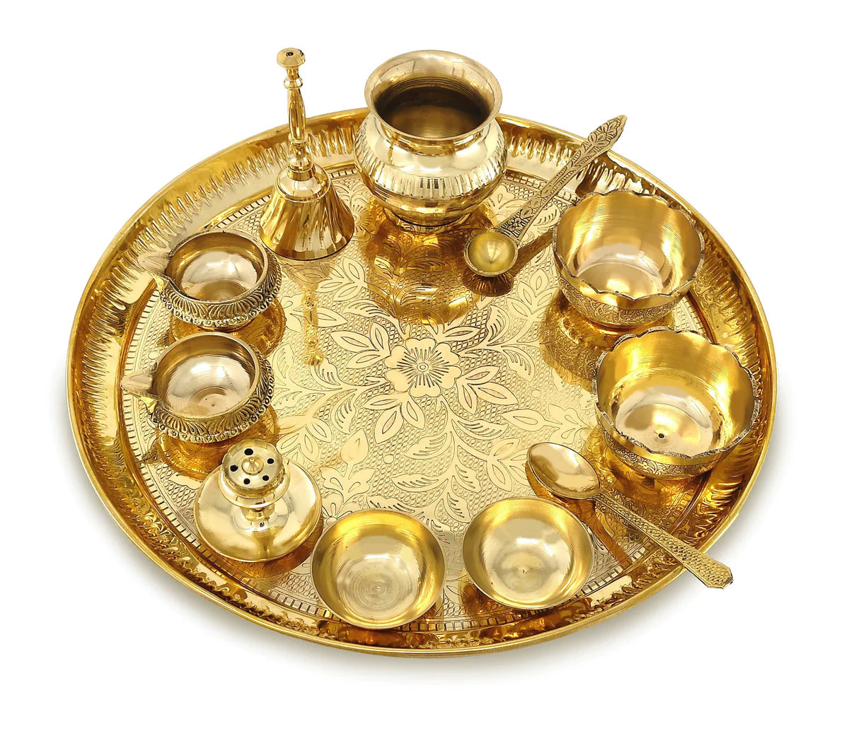 Brass Pooja Thali Set 12 Inch with Pital Plate Kalash Bowl Spoon Palli Ghanti Kuber Diya Chandan Wati Dhup Dan Puja Thali for Diwali Home Office Mandir Wedding Return Gift Items