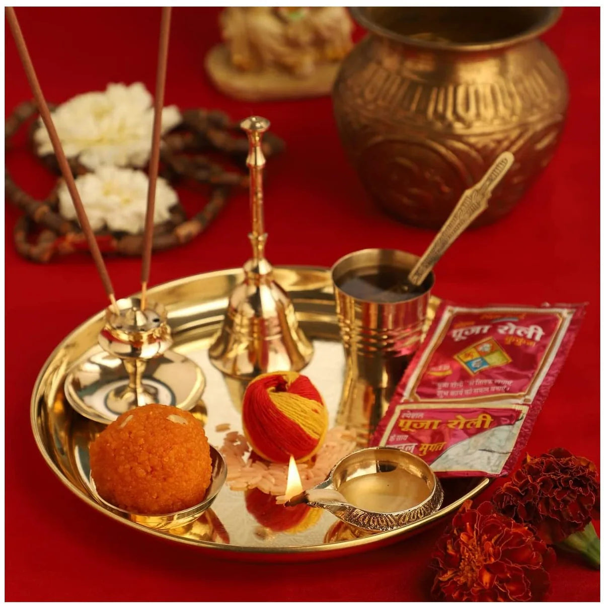 Brass Pooja thali Set 7 Inch Festival Ethnic Puja Thali for Diwali Home Office Mandir Wedding Return Gift Items