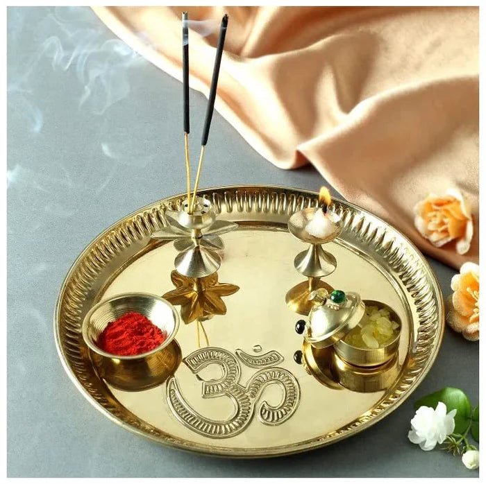 Brass Pooja thali Set 8 Inch Festival Ethnic Puja Thali for Diwali Home Office Mandir Wedding Return Gift Items