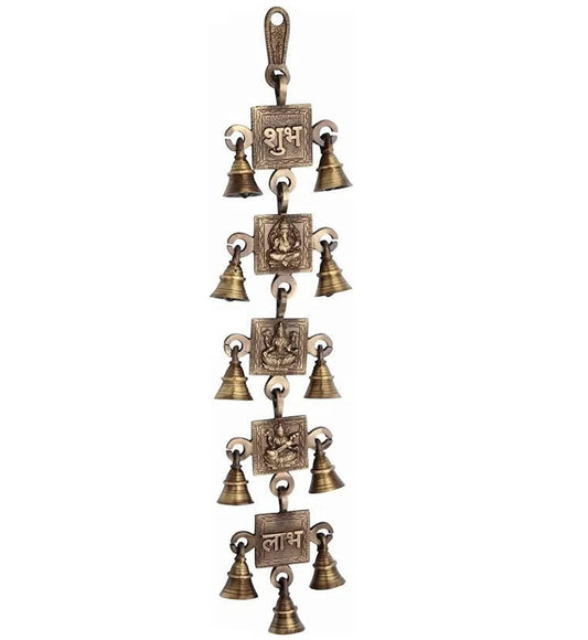 Brass Subh Labh Ganesha Lakshmi Saraswati Bells Wall Hanging Idol Decorative Showpiece Antique Finish Wall Art Decor Statue