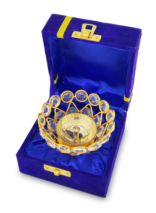 Crystal Diya with Blue Velvet Gift Box Brass Chrystal Akhand Piyali Dia Pooja Items Diwali Decoration Puja Gifts Handmade Oil Lamp