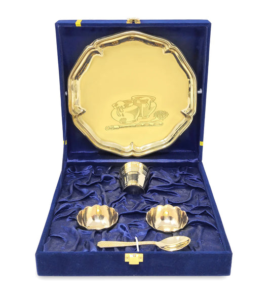 Pooja thali Set Brass Small 8 Inch With Blue Gift Box Laddu Gopal Bhog Thali for Janmashtami Decoration Puja Item Festival Puja Krishna Bhog Thali Set for Home Office Mandir Return Gift Items